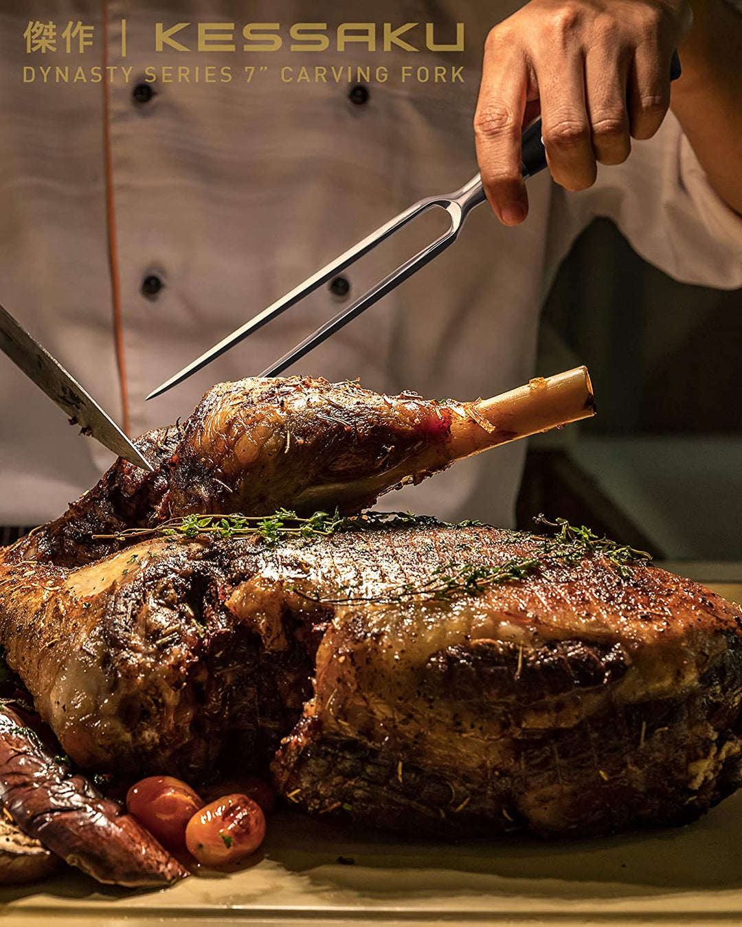 A chef gets ready to carve a turkey using the Dynasty Carving Fork