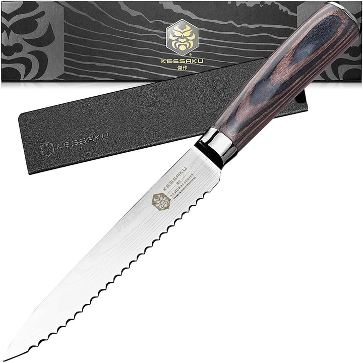 The Kessaku Samurai Serrated Utility Knife with Knife Sheath and Gift Box - Main