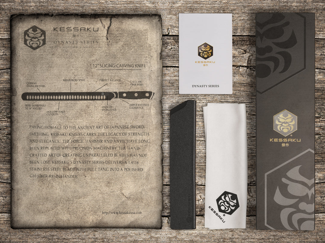 A rustic illustration of the Dynasty Carving Knife's features and included items.