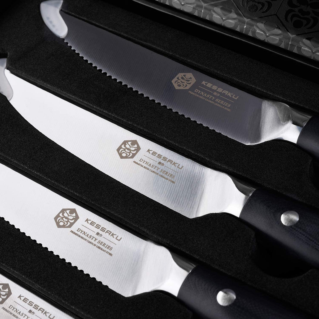 All four Dynasty Steak Knives in their premium gift box