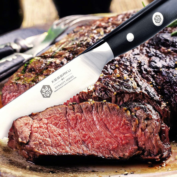 The Dynasty Steak Knife slicing through steak