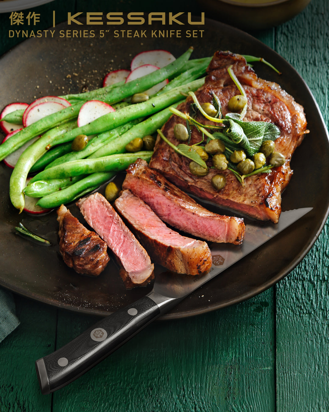 The Dynasty Steak Knife with sliced steak, radishes, and green beans