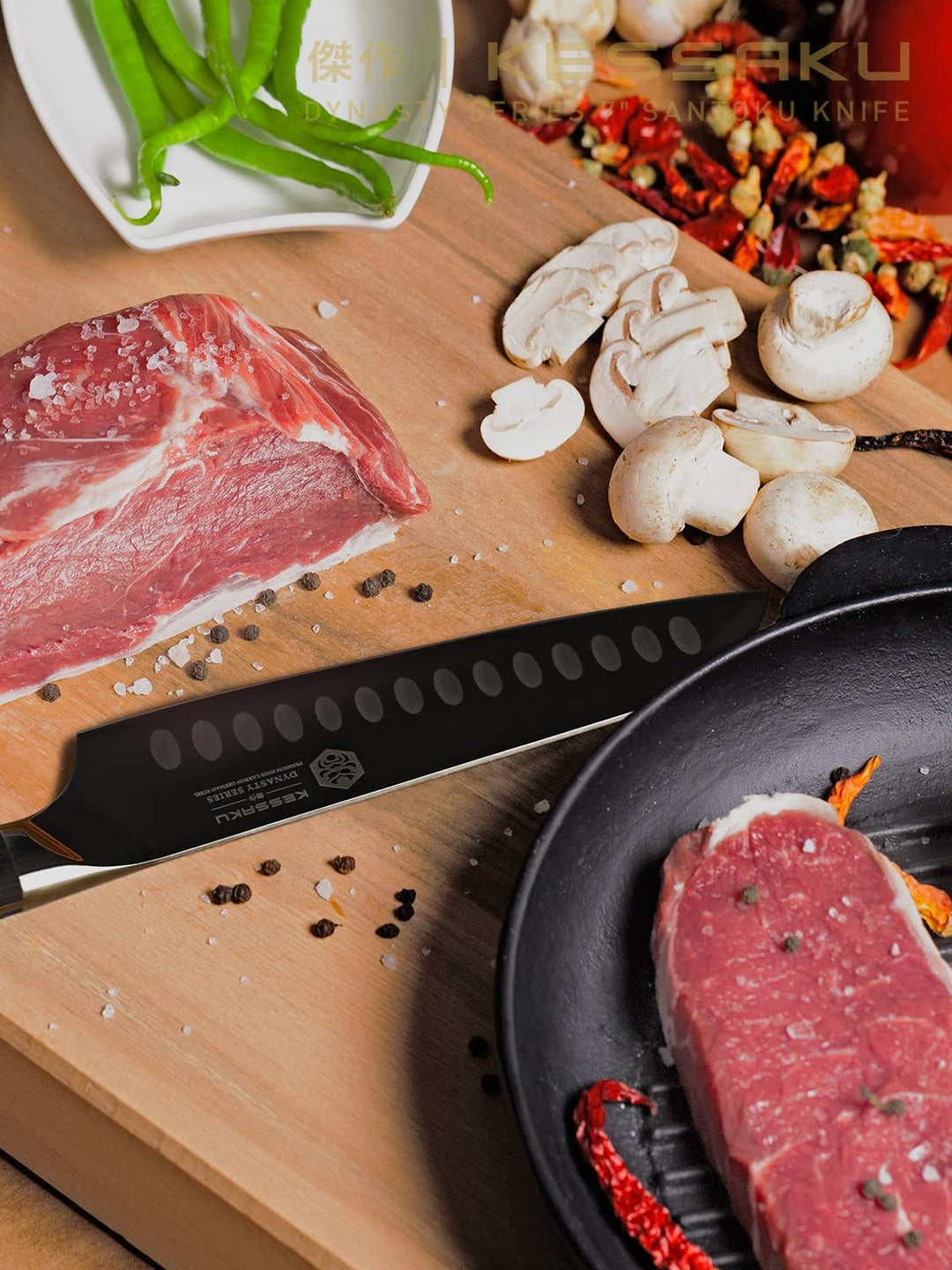 The Dynasty Santoku used to prepare steak, mushrooms, and green beans