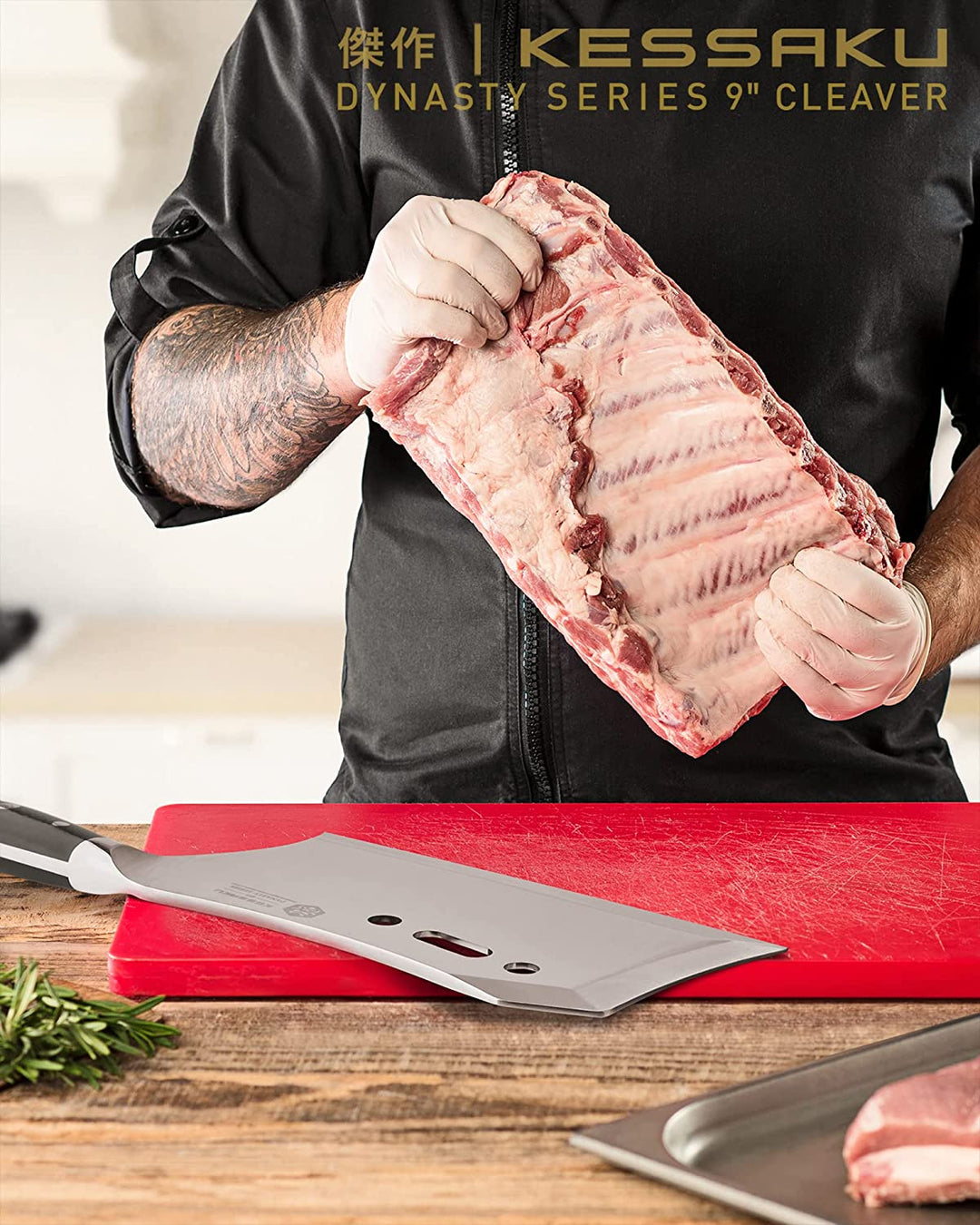 A chef prepares to hack through large ribs with the Dynasty Annihilator Knife