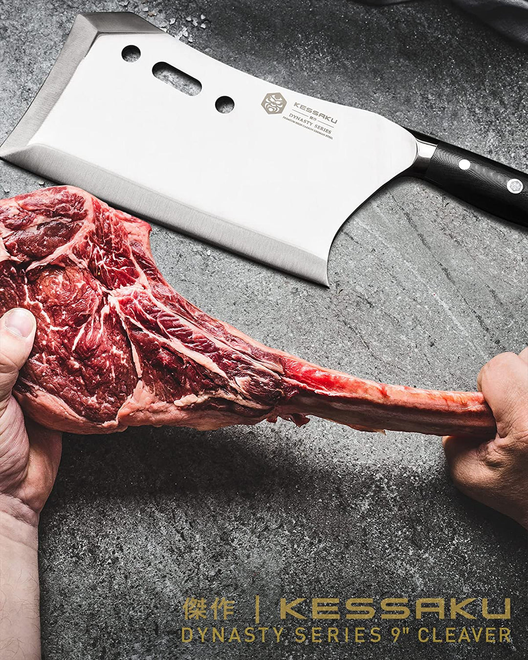 A butcher holds a large tomahawk steak separated with the Dynasty Annihilator Butcher Knife