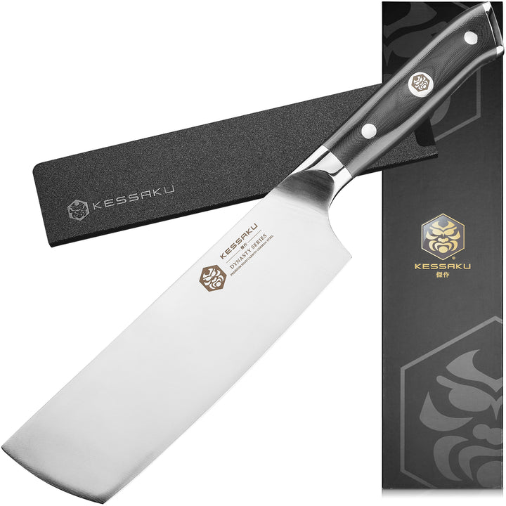 The Kessaku Dynasty Series Nakiri Knife with its knife sheath and gift box.