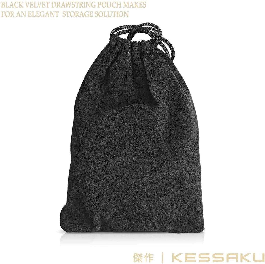 A black velvet drawstring pouch makes for an elegant storage solution