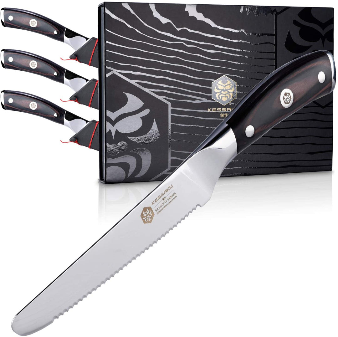 The Kessaku Samurai 4 Piece Steak Knife Set with custom knife sheaths, and gift box