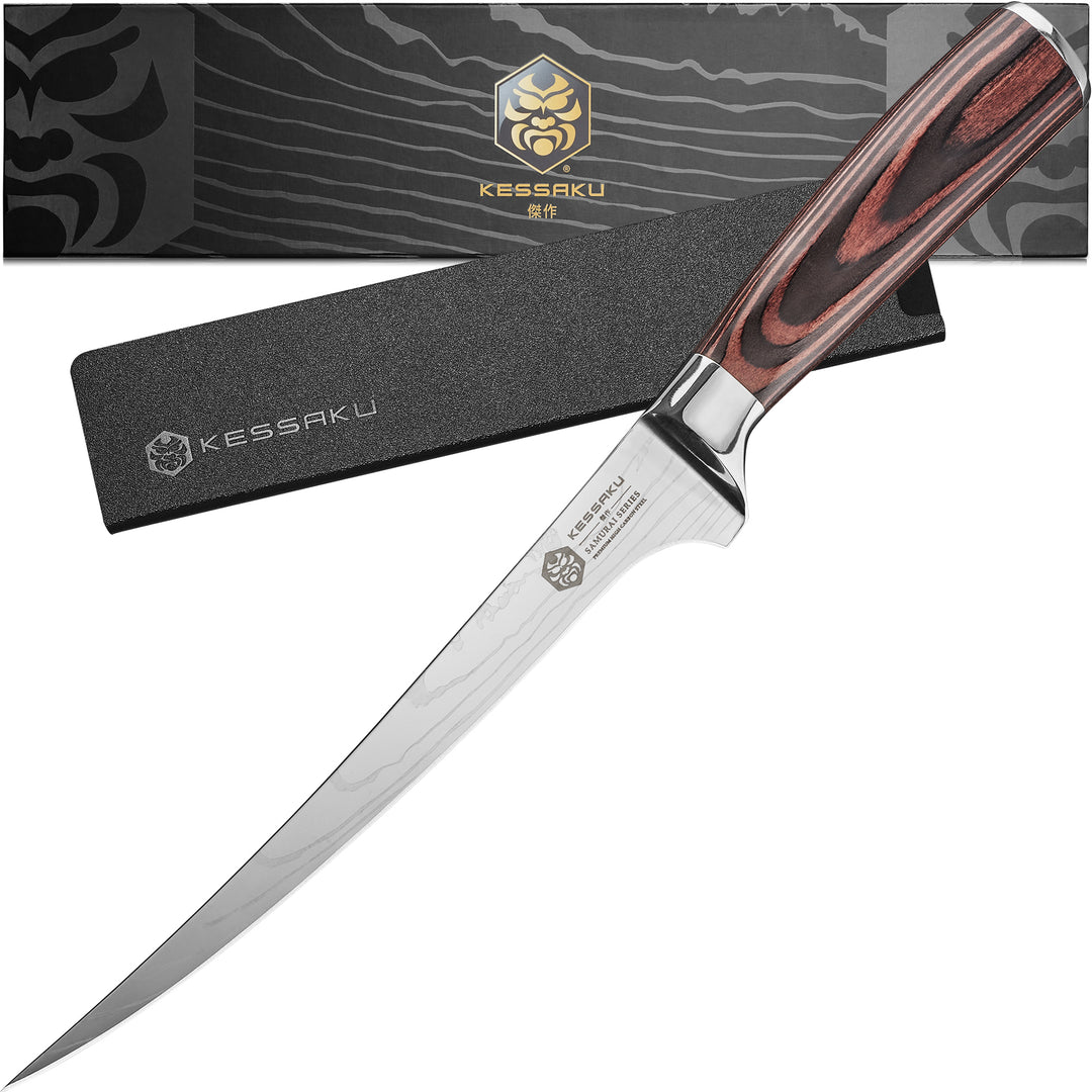 The Kessaku Samurai Series Fillet Knife with its knife sheath and gift box