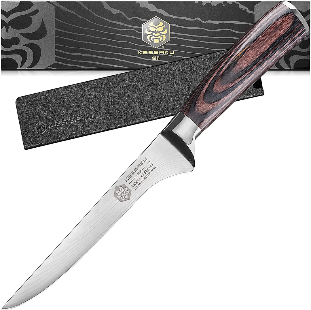 The Kessaku Samurai Series Boning Knife with its knife sheath and gift box