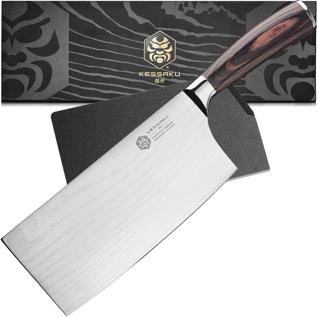 The Kessaku Samurai Cleaver Knife with its knife sheath and gift box - main
