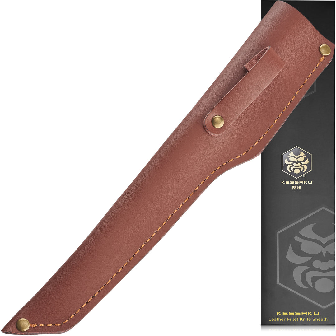 The Kessaku Leather Fillet Knife Sheath with Belt Loop and it's gift box - Main
