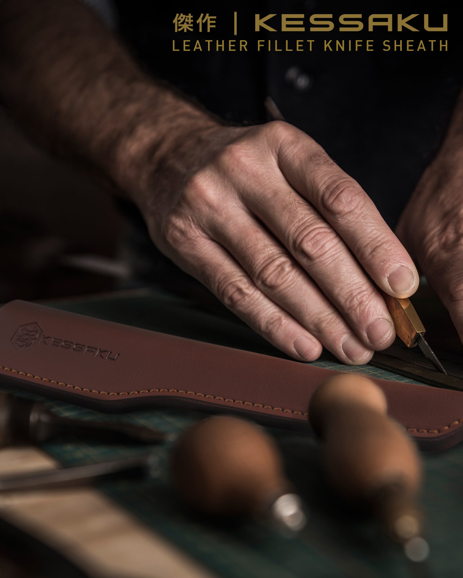 A leather maker crafting the Kessaku Leather Knife Sheath