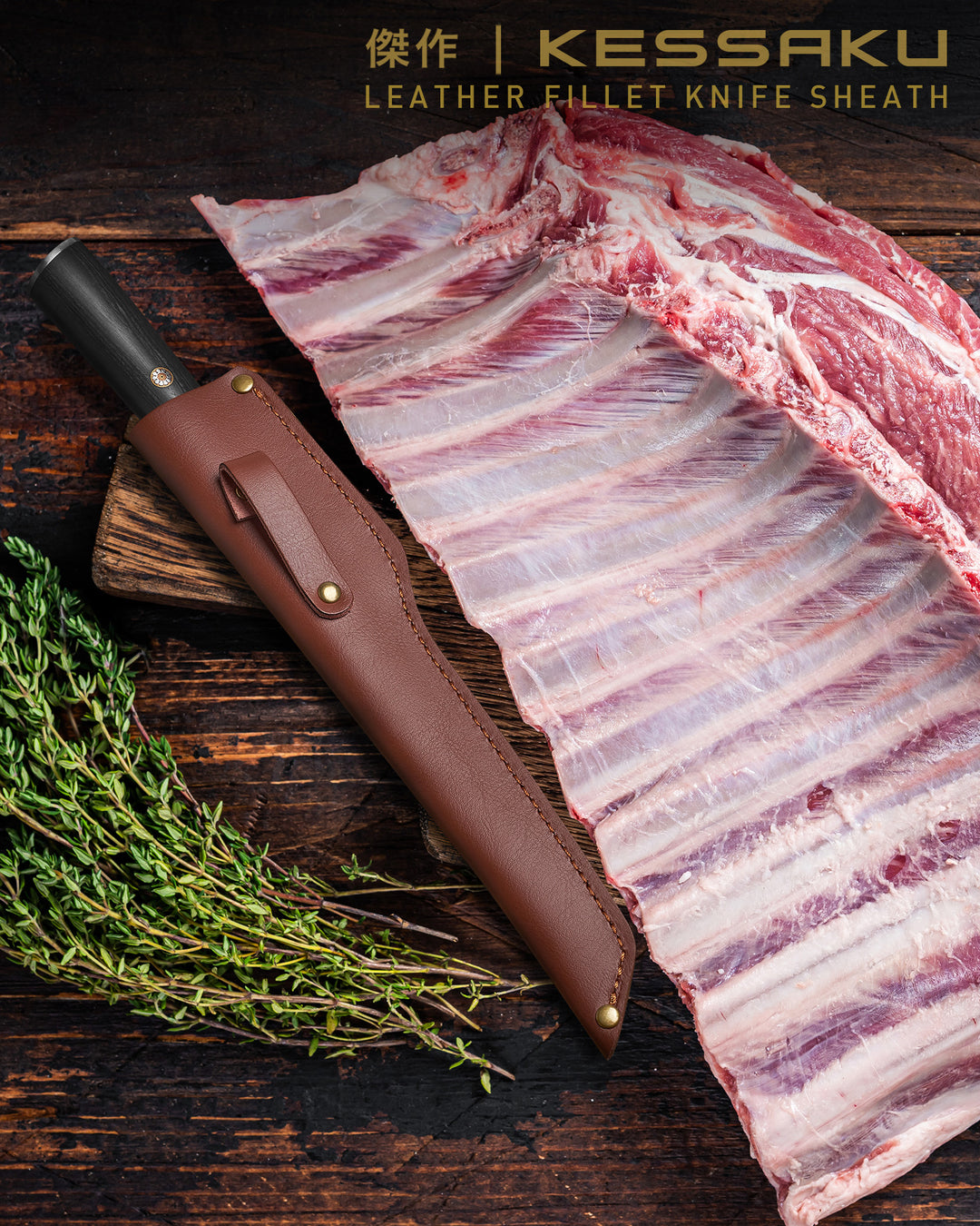 The Spectre Boning Knife seated in the Kessaku Leather Knife Sheath next to a large rack of ribs.
