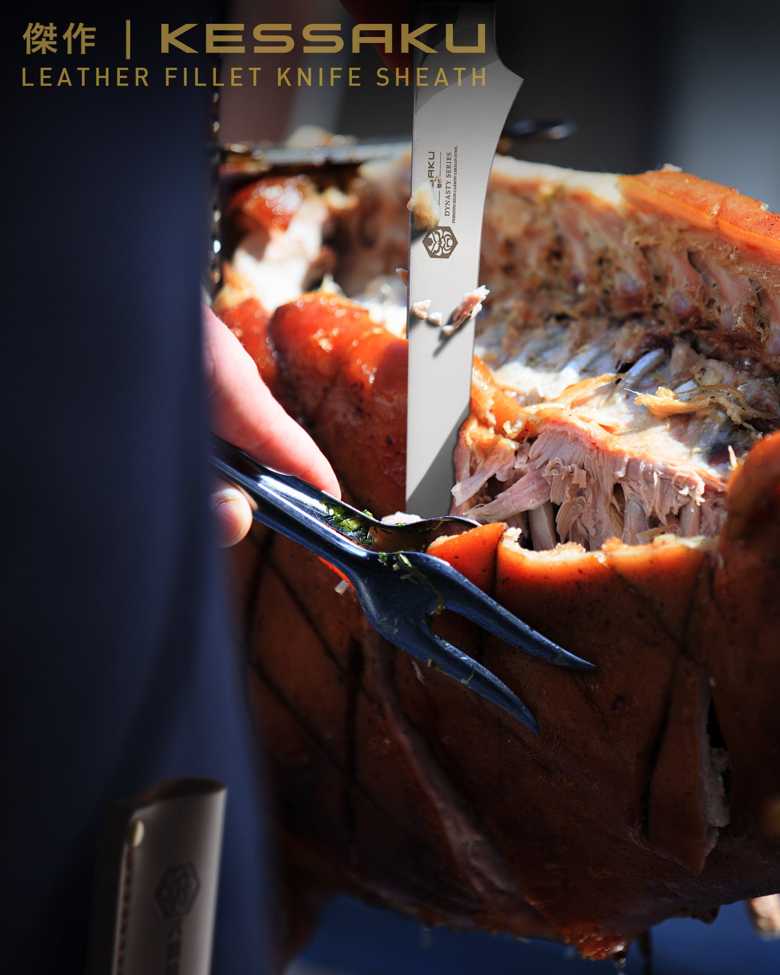 A pitmaster remove a plate's worth of BBQ'd pork with the Dynasty Boning Knife. The Kessaku Leather Knife Sheath is holstered to his belt.