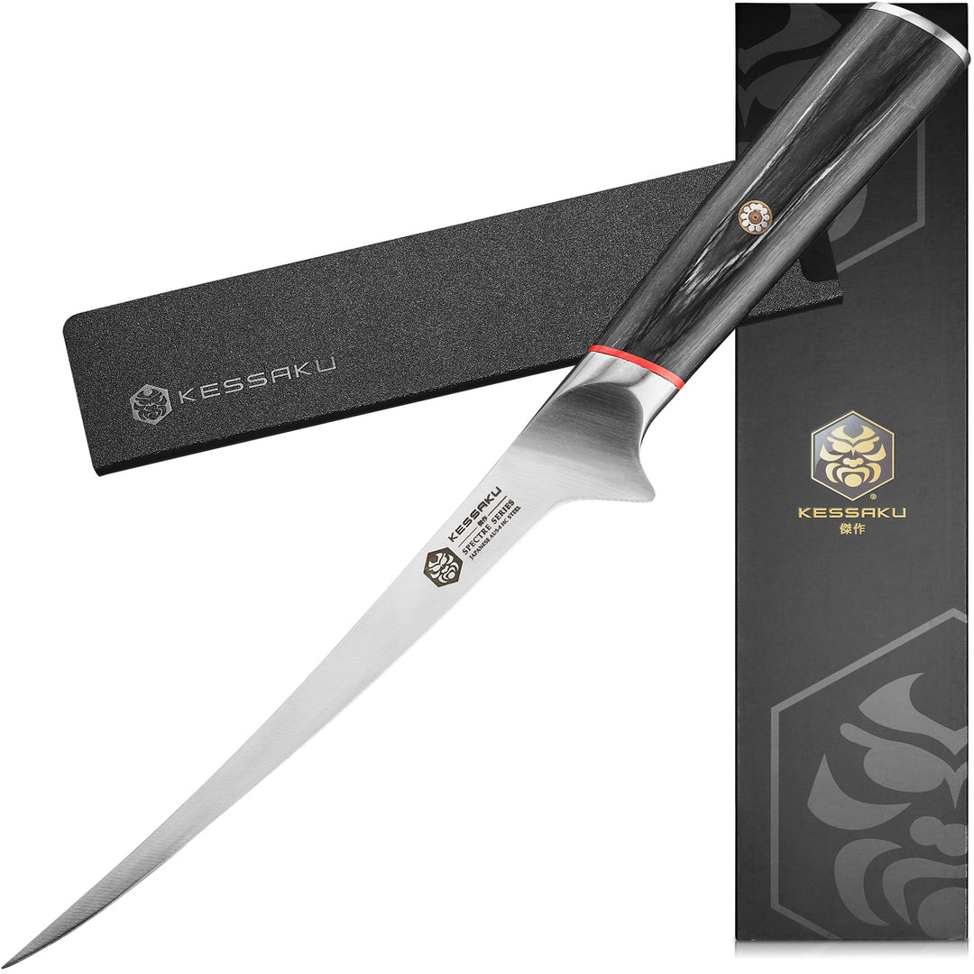 The Kessaku Spectre Series Fillet Knife with its knife sheath and gift box