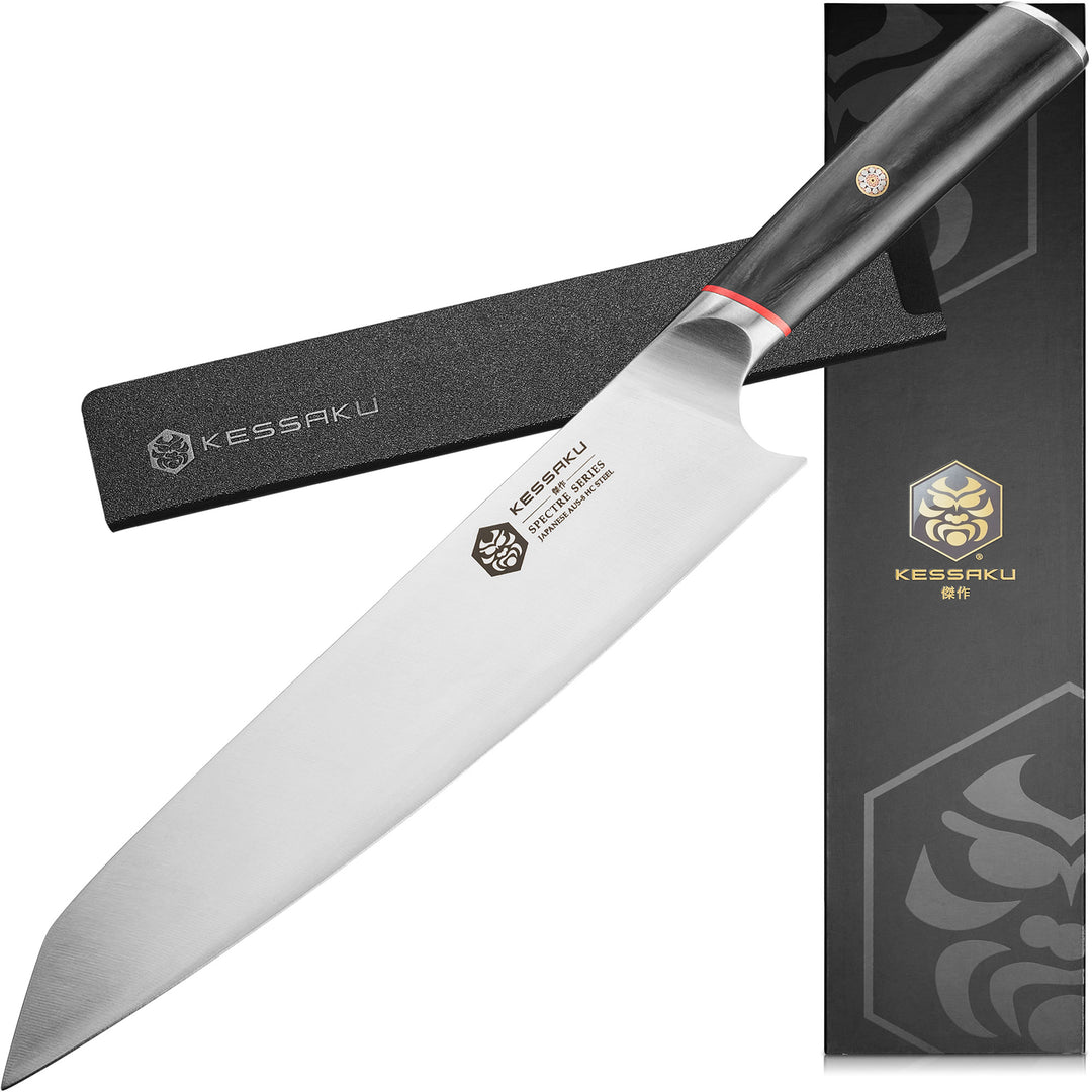 The Spectre K-Tip Chef's Knife with its knife sheath and gift box - Main