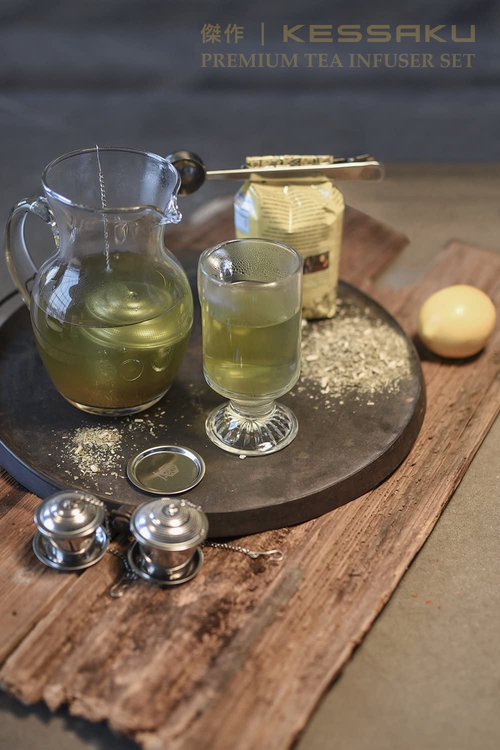 Light green tea on a serving tray with the Kessaku Premium Tea Infuser Set