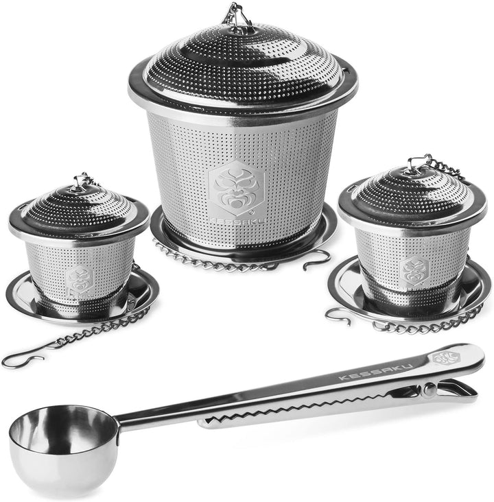 The Kessaku Premium Tea Infuser Set with 1 Large, Medium, and single-serving infuser, drip trays, and tea scoop with integrated tea bag clip - Main