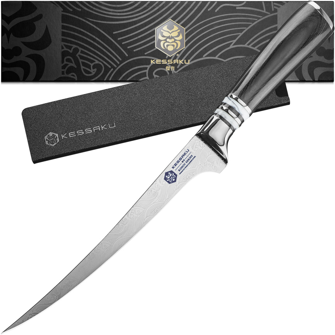 The Kessaku Ronin 7" Flexible Fillet Knife with its knife sheath and gift box - Main