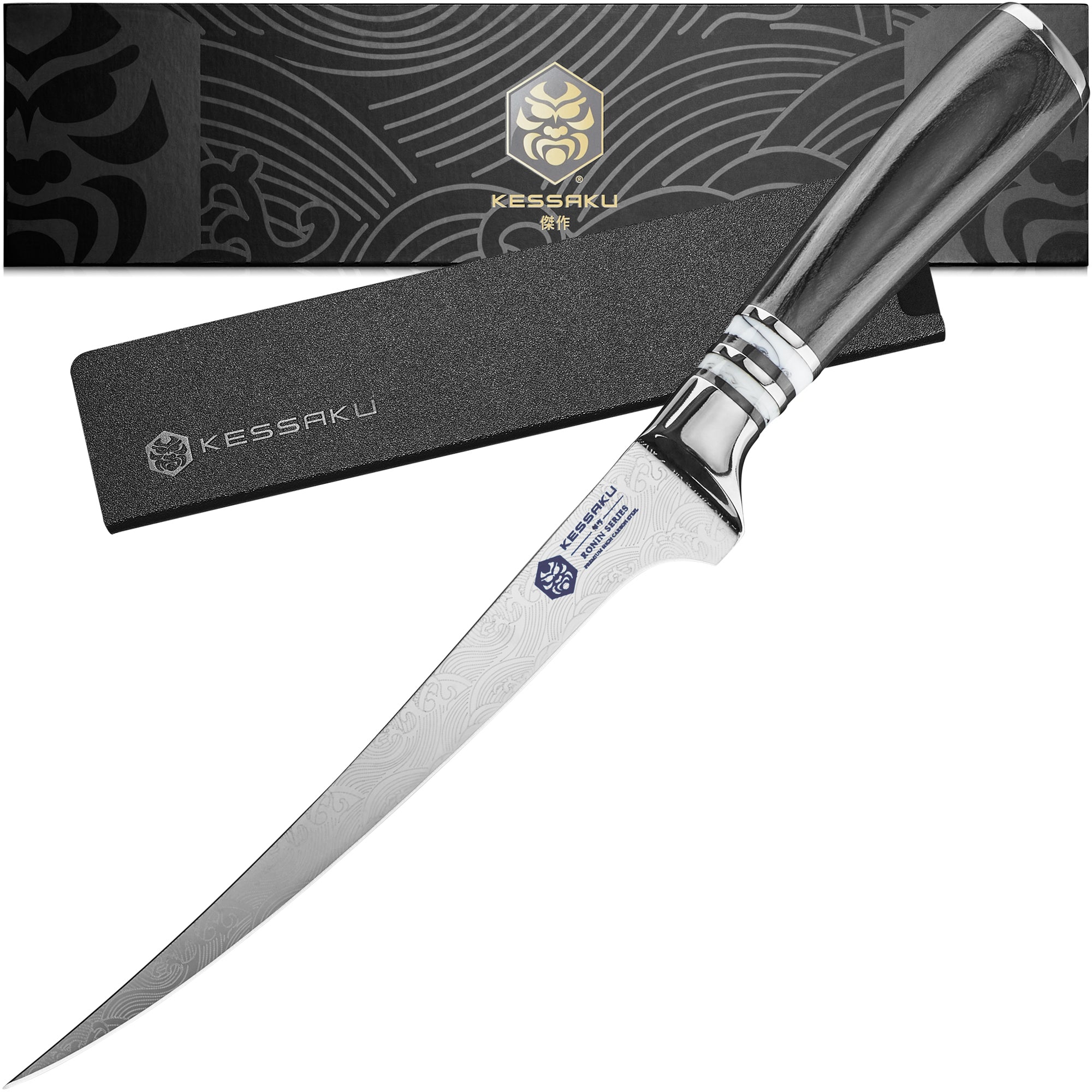 The Kessaku Ronin 7" Flexible Fillet Knife with its knife sheath and gift box - Main