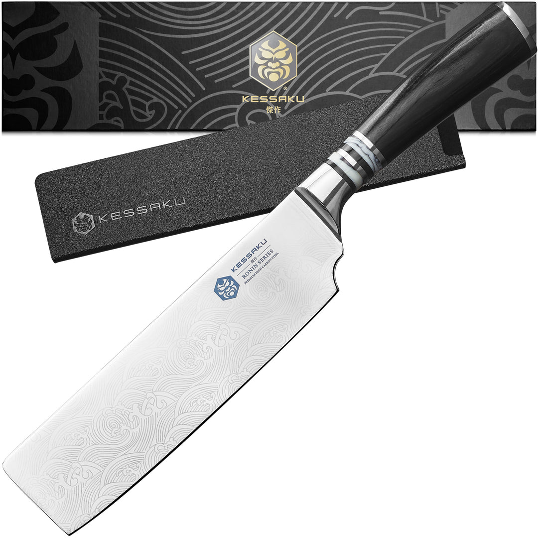 The Ronin Nakiri Knife with its knife sheath and gift box