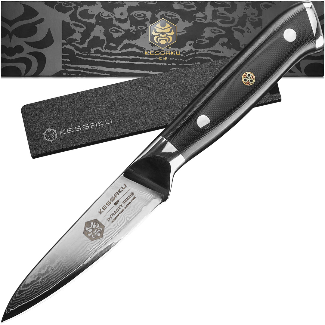 The Kessaku Dynasty Damascus Series 3.5-Inch Paring Knife with Blade Guard, and Gift Box - Main