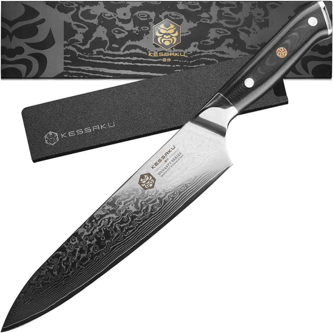 The Kessaku Damascus Dynasty Series 8" Chef's Knife with blade guard, and gift box - Main